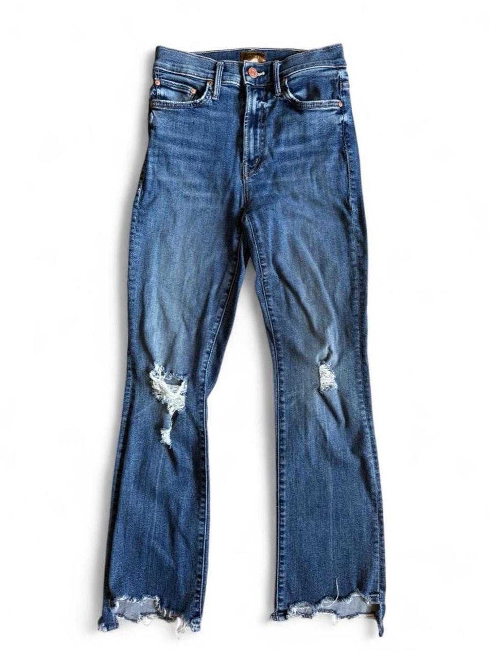 MOTHER Blue Distressed Flare Jeans